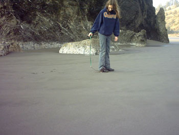 2005 - Part 4 - Back in the Lower 48 - 07 Robyn walks Tess on Gold Beach OR